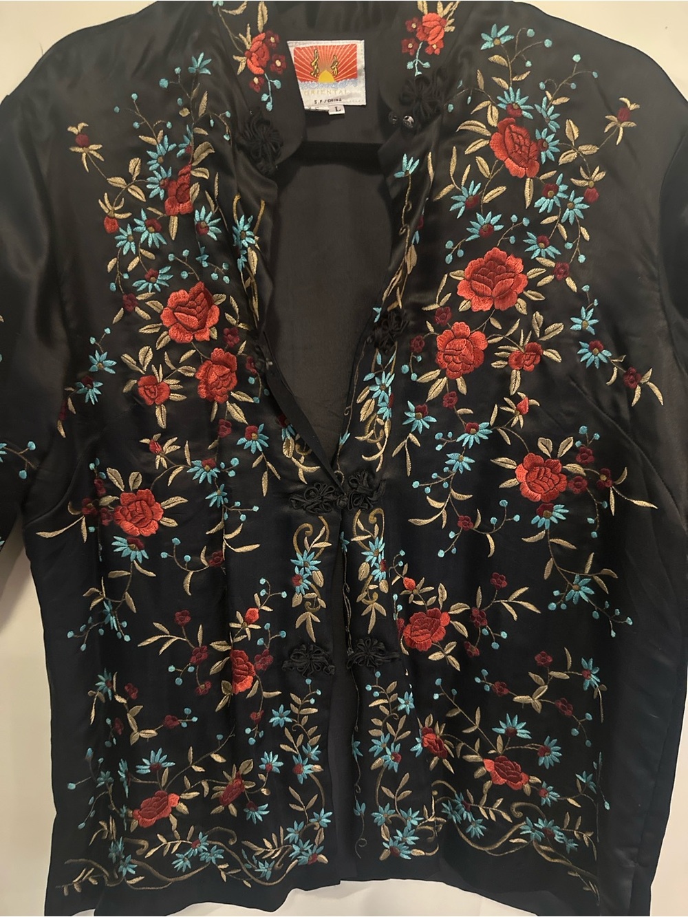 Vintage 100% Silk Chinese Embroidered Jacket Black Floral Frog Closure Size L